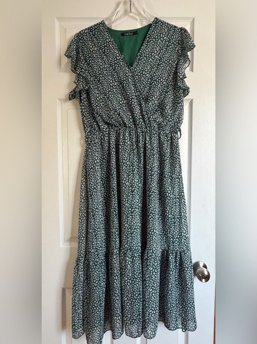 Yacun Green Animal Leopard Print Ruffle Sleeve Faux Wrap Midi Dress Size L